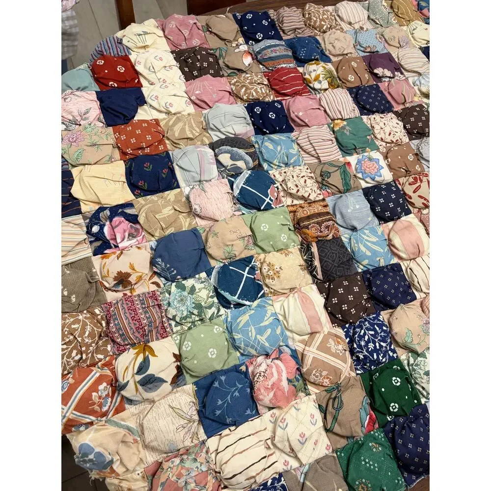 Vintage YoYo/ Biscuit Hand Made Unfinished Quilt 35”x70”